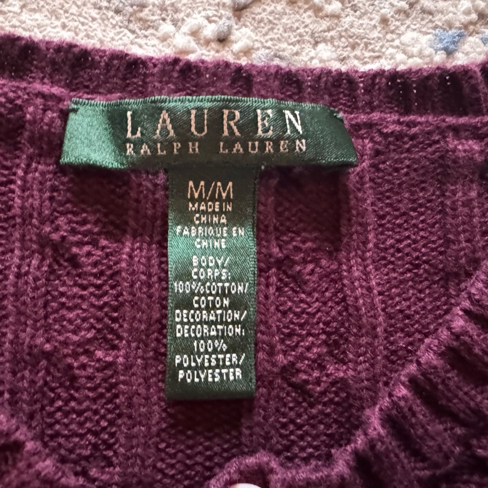 Ralph Lauren Cotton Cable Knit Crewneck Sweater with Suede/Leather Patch - Plum - Picture 6 of 6